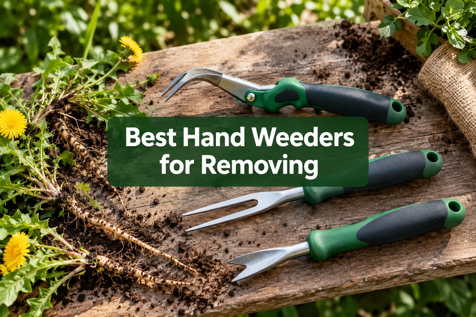 Professional () studio product hero image with 'Best Hand Weeders for Removing' in clean white on a dark green