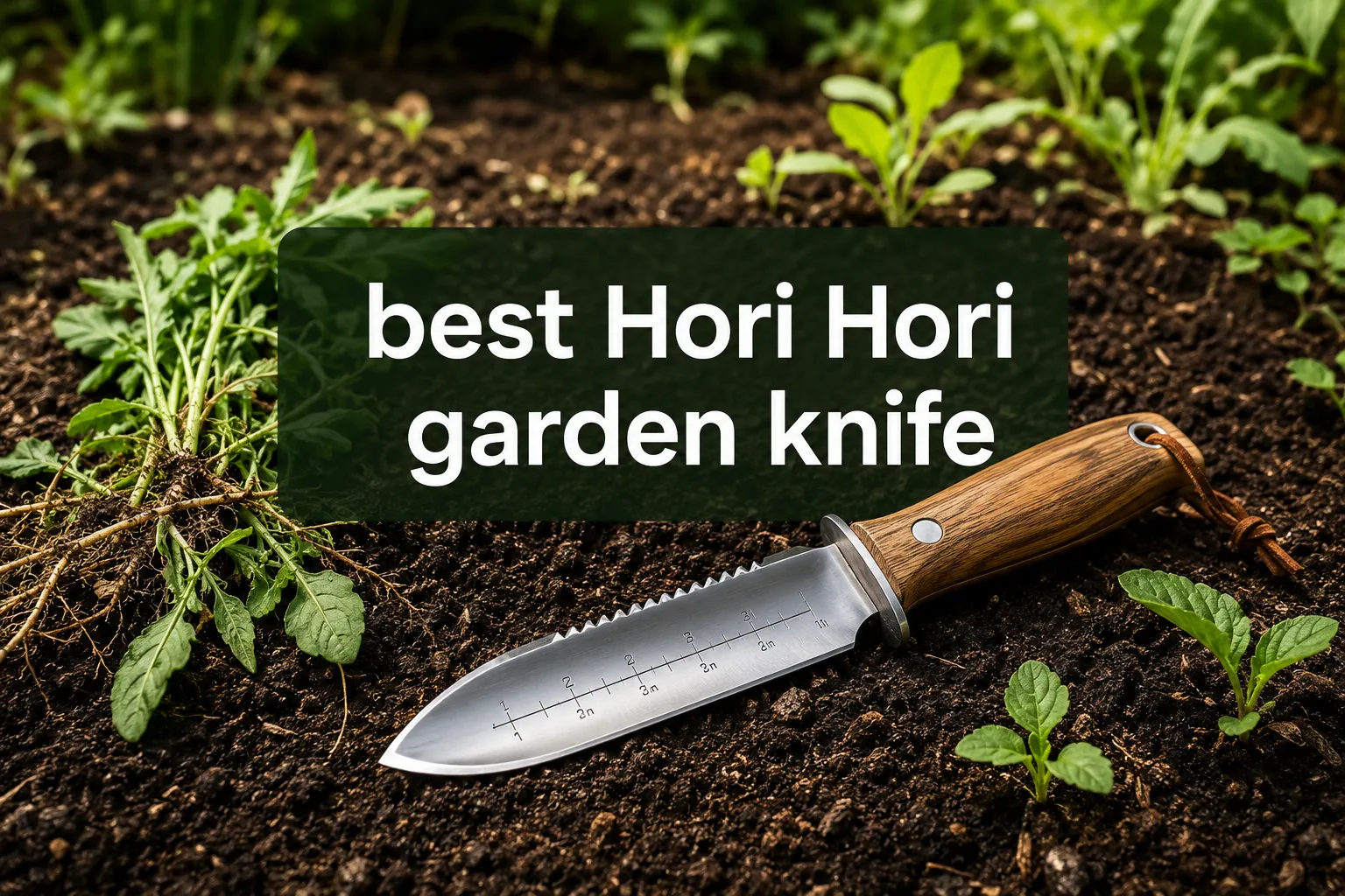 Professional () hero image with 'best Hori Hori garden knife' in crisp white on a dark forest-green semi-transparent panel,