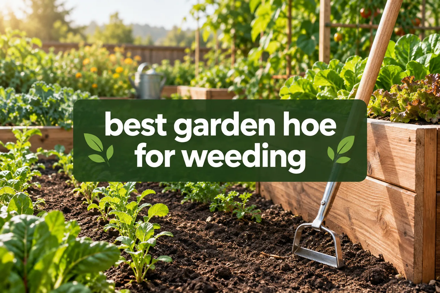Professional () hero image with 'best garden hoe for weeding' in clean white on a semi-transparent dark forest green panel,