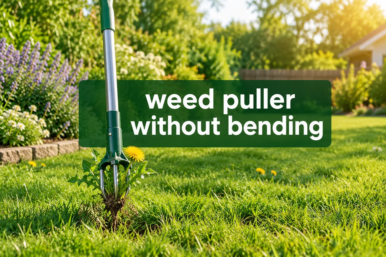 Professional () hero image with 'weed puller without bending' in crisp white on a high-contrast dark green semi-transparent